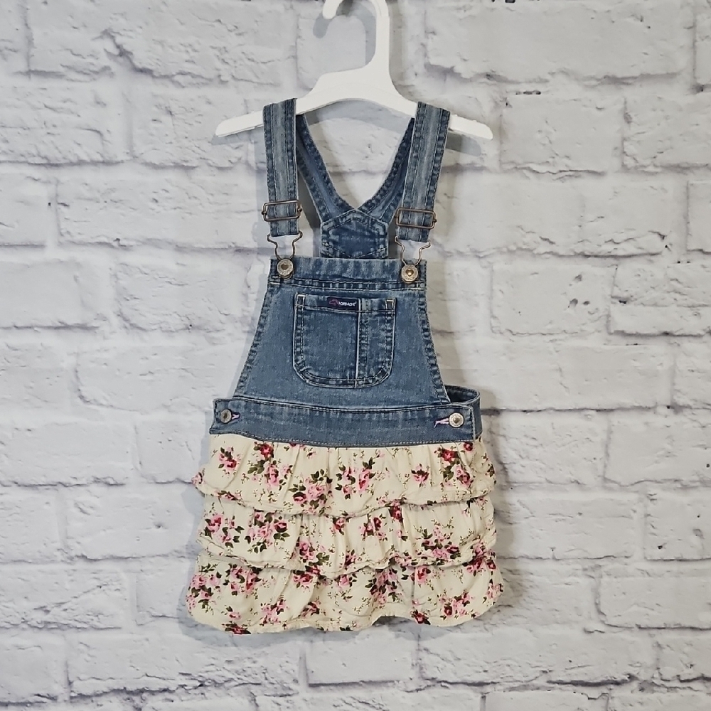 Blue and Cream Floral Dress Overalls with Ruffles